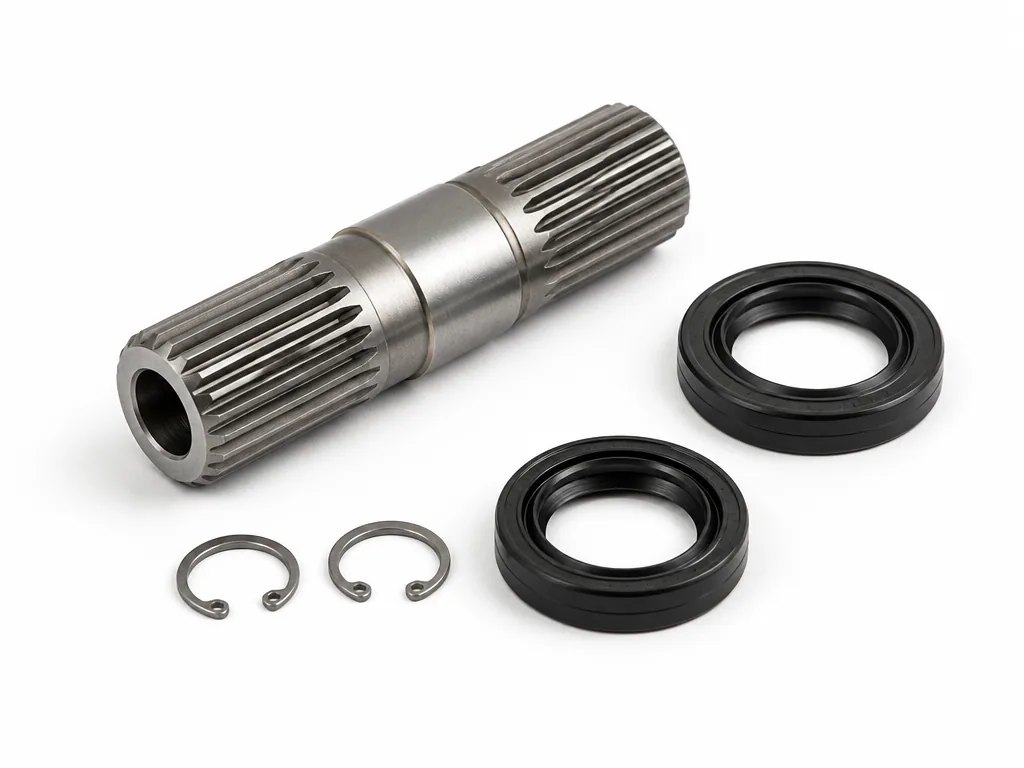 Splined steel sleeve shaft with two oil seals and two circlips laid out on a white background