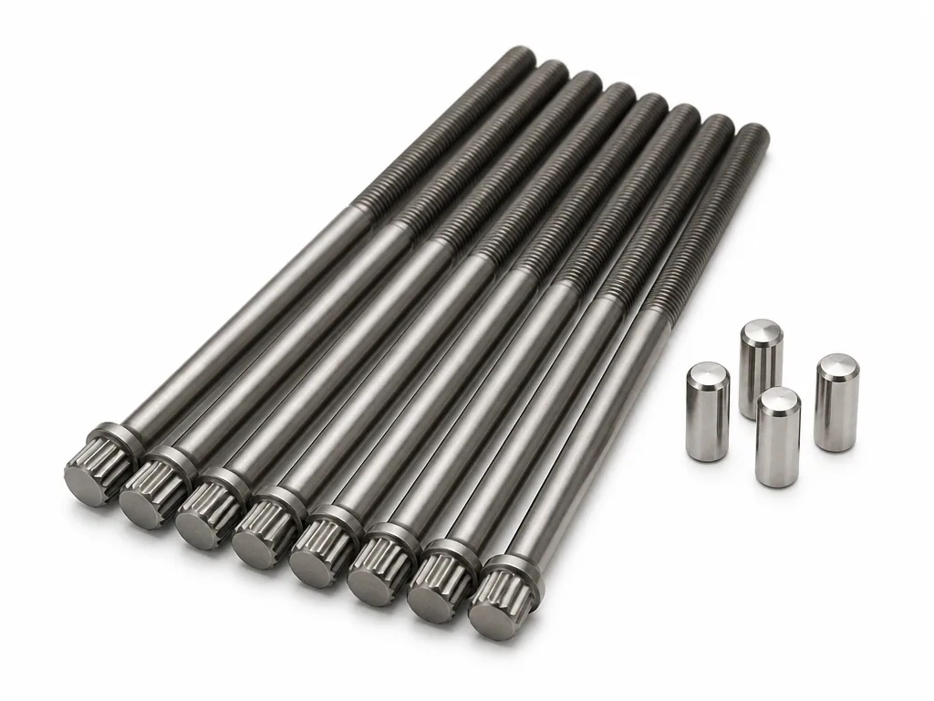 Long steel cylinder head stretch bolts with splined heads laid out in a fan, beside small cylindrical steel locating dowels