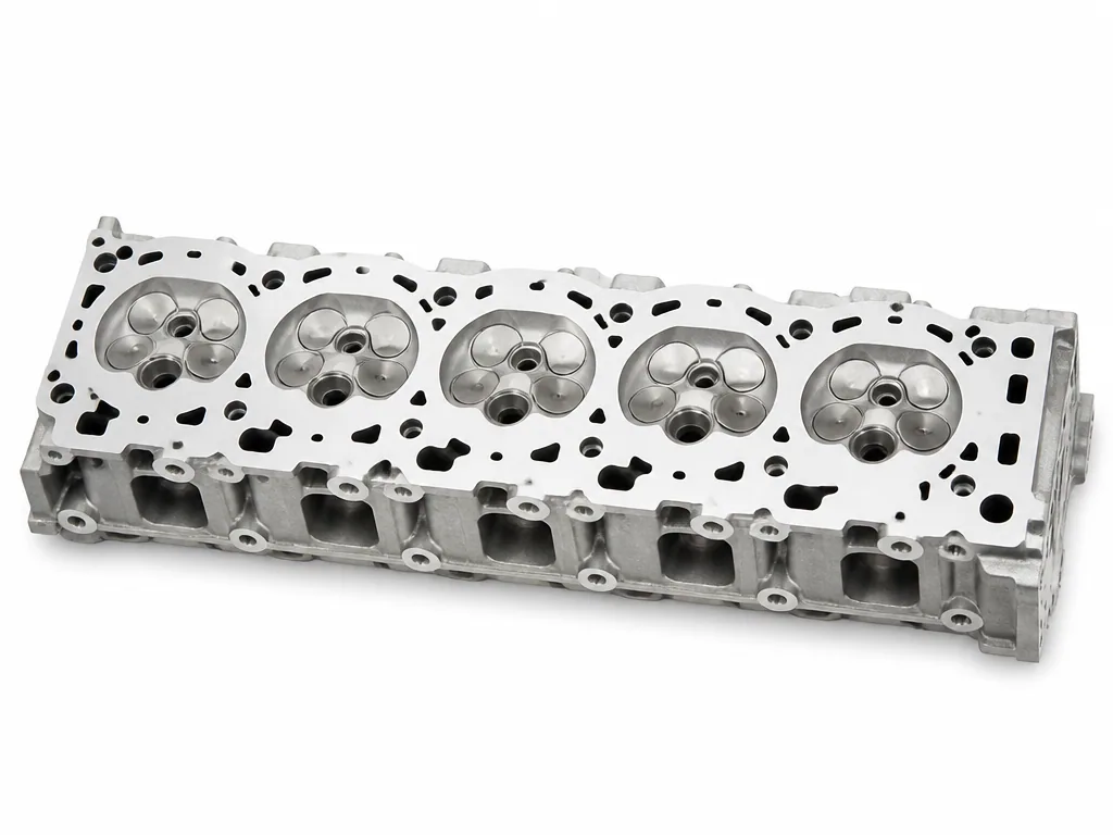 Bare aluminium five-cylinder diesel cylinder head resting combustion face up, showing five combustion chambers with valve seats and a central injector bore