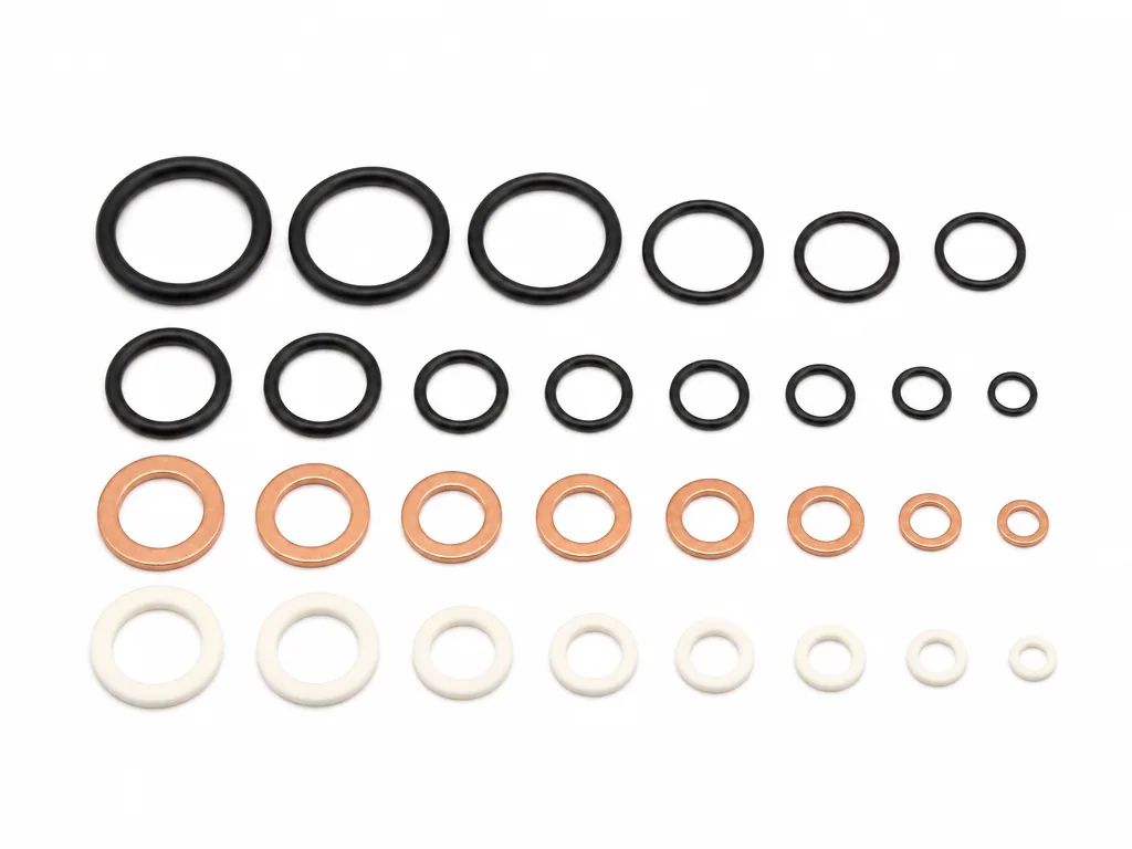 Flat lay of injector sealing parts: black rubber O-rings in several diameters, flat copper sealing washers and pale PTFE seal rings