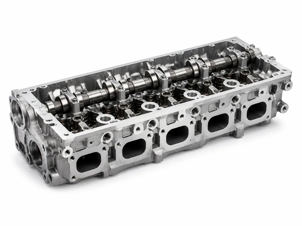 Bare five-cylinder aluminium cylinder head with a single overhead camshaft, rocker gear and five exhaust ports